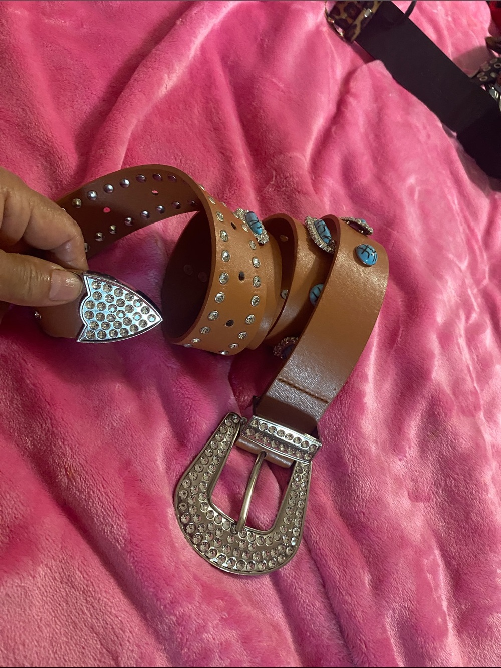 Studded Brown Leather Women’s Belt with Rhinestone Buckle